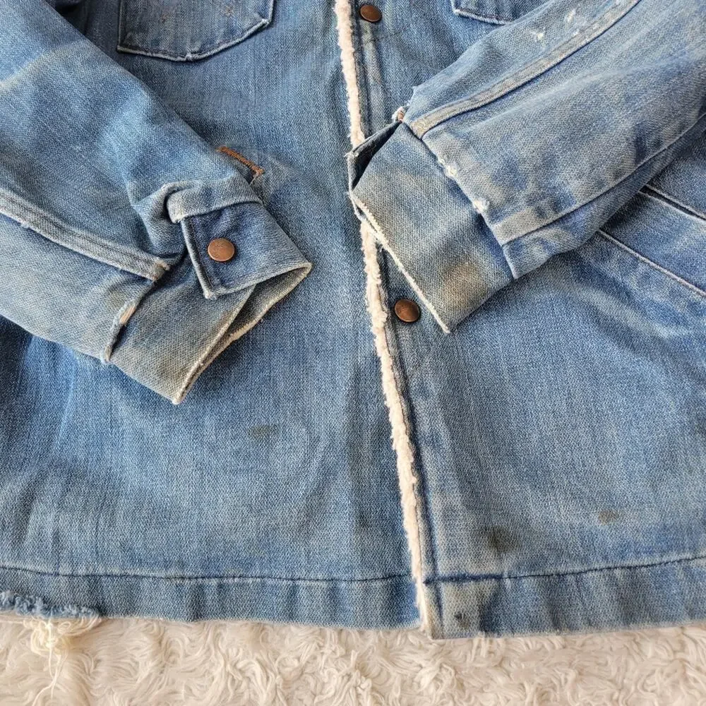 Vintage 1970s Wrangler Wrange Coat Denim Sherpa Lined Jacket in Blue Large